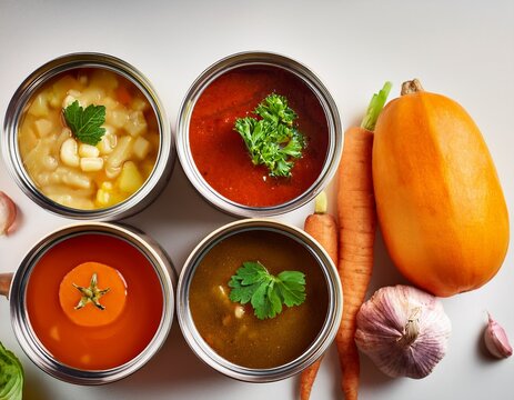 four assorted soup cans featuring vibrant ingredients perfect for showcasing culinary delights