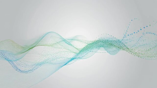 Abstract flowing waves of blue and green particles and lines on gray background