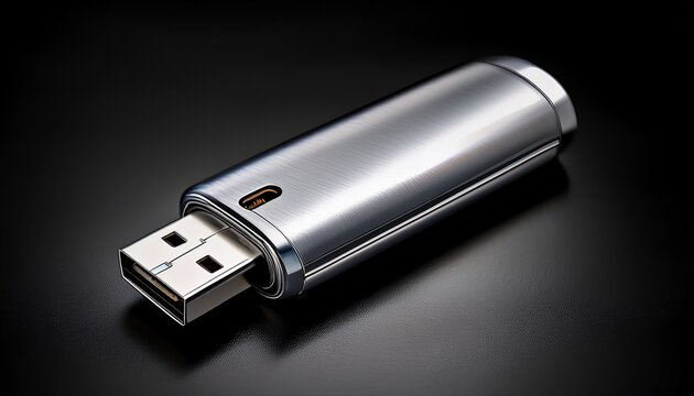 photo realistic silver usb flash drive modern technology data storage device sleek digital memory stick for computing and electronics on black background