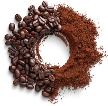 Roasted coffee beans and ground powder circular frame isolated on transparent background