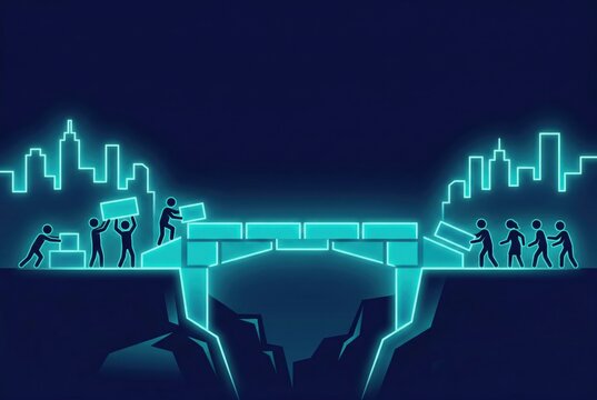 Collaborative bridge building in a digital landscape portraying teamwork innovation and community with glowing visuals illustrating connection and unity