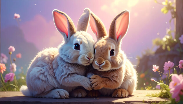 Two cute rabbits cuddling together