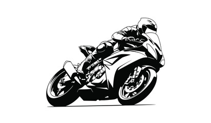 A dynamic illustration showcases a speeding motorcycle with a rider leaning into a turn depicted in stark black and white silhouette high quality professional © rsvect02