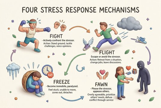 Illustrated overview of four stress response mechanisms including fight flight freeze and fawn highlighting strategies for managing stress and enhancing emotional resilience