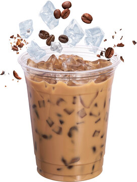 Iced coffee in plastic cup with falling ice isolated on transparent background