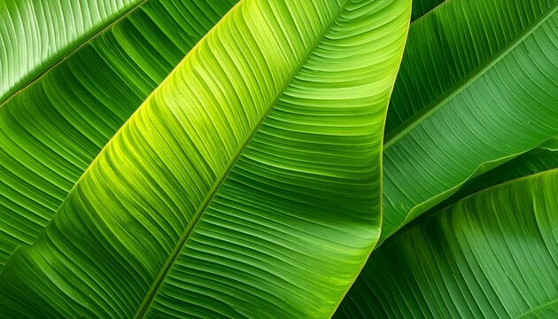 Vibrant green banana leaves showcasing natural patterns and lush tropical textures in a detailed close-up view