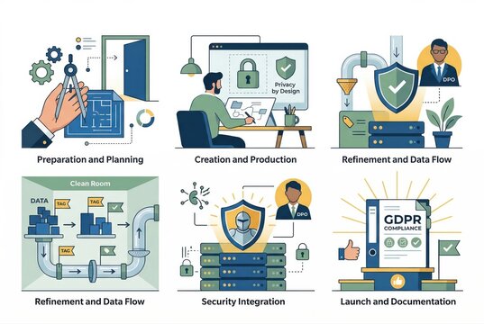 Data privacy processes illustrated in a visual workflow displaying preparation planning data refinement security integration and compliance documentation emphasizing user protection