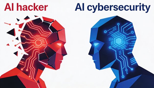 Duality of AI Threat and Defense Represented by Cybersecurity and Hacker Concepts in Abstract Geometric Form, Highlighting Emerging Challenges in Digital Security