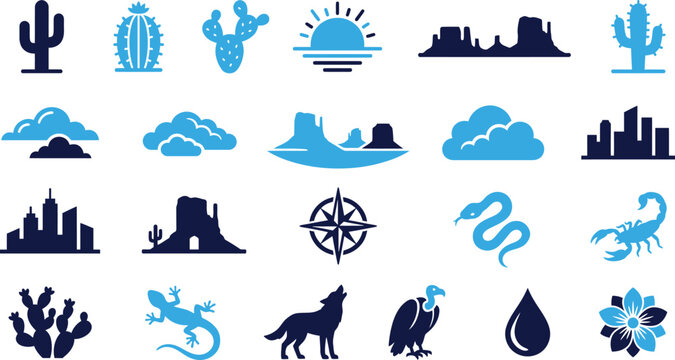 Desert landscape and animal icons in blue and dark blue colors including cacti mountains and scorpions.