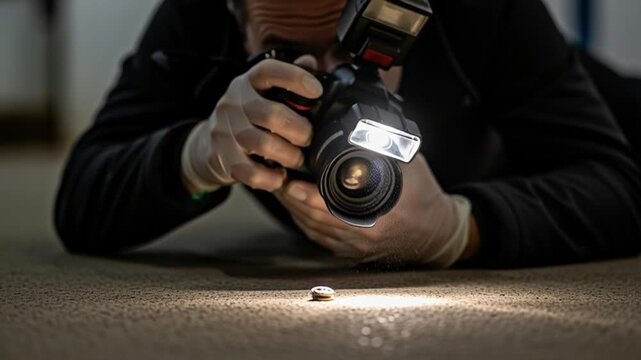 Photographer lies on ground taking close-up shot of small object with camera