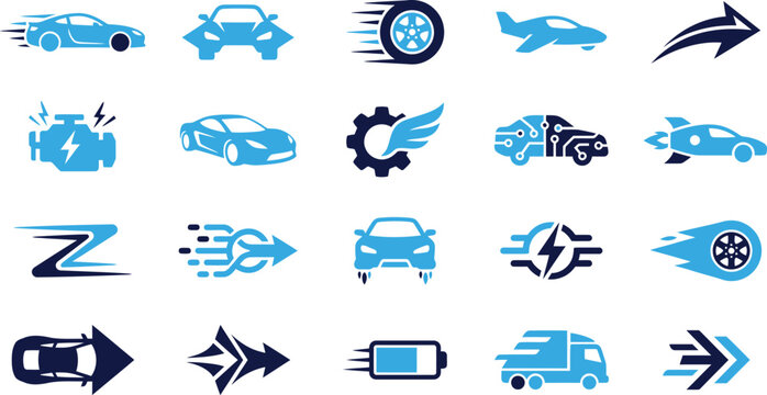 Set of blue and dark blue transportation icons including cars airplane truck and speed symbols.