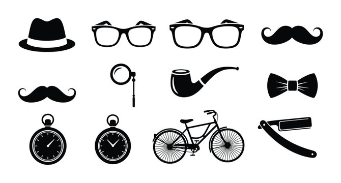 Retro Gentleman Accessories Collection, Vintage Style Icons Set: Fedora Hat, Mustaches, Spectacles, Monocle, Pipe, Bow Tie, Pocket Watch, Bicycle, Straight Razor