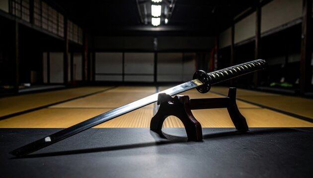 A gleaming replica of a sharp samurai katana sword resting horizontally on a dark lacquered stand within a traditional Japanese dojo, capturing the essence of historical warrior arts.