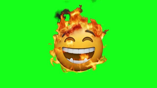 A 3D animated laughing face emoji engulfed in realistic orange and red fire flames. This expressive character asset on a chroma key background is perfect for viral social media content, memes, and hig