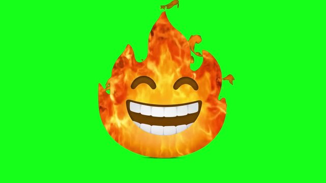 A 3D animated laughing face emoji engulfed in realistic orange and red fire flames. This expressive character asset on a chroma key background is perfect for viral social media content, memes, and hig