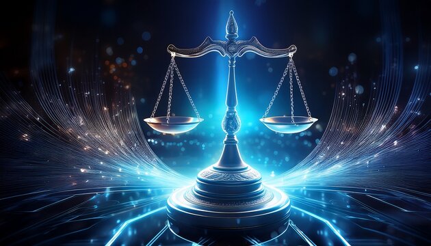 justice s digital embrace a luminous digital rendition of the scales of justice aglow against a dark backdrop symbolizes fairness and the modern digital landscape