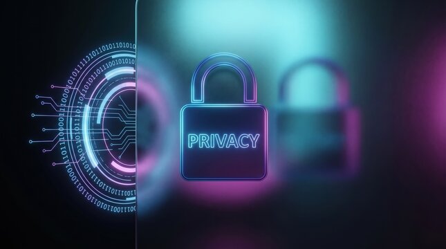 Digital Security and Privacy Protection Concept with Glowing Padlock and Abstract Technology Background