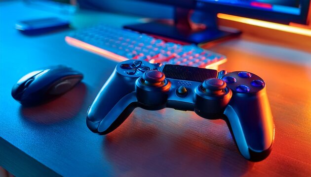 a stylish gaming controller sits on a brightly lit desk surrounded by neon hues of blue and orange