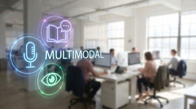 Multimodal communication explained with icons for voice, reading, and vision in a modern office setting