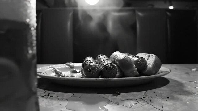 Black and white close up of cold beer mug and plate of sausages with steam in a restaurant