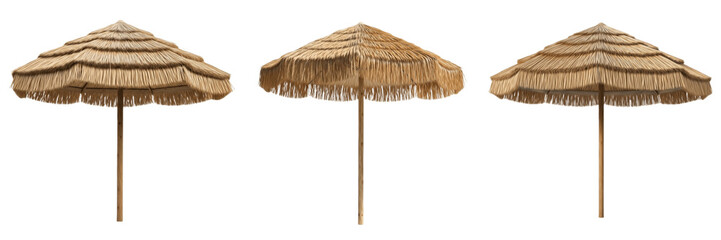 Tropical Straw Parasol Umbrella for Beach Resort, Summer Vacation, Outdoor Decor, and Realistic Natural Texture Graphic Design Assets for Travel. © Yooooo