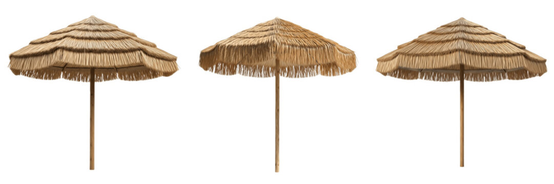 Tropical Straw Parasol Umbrella for Beach Resort, Summer Vacation, Outdoor Decor, and Realistic Natural Texture Graphic Design Assets for Travel.