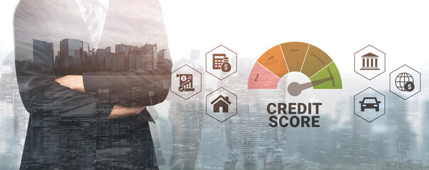 A businessman stands confidently with arms crossed in front of a city skyline, featuring a credit score gauge, representing finance and decision-making in modern business. Ledger © InfiniteFlow