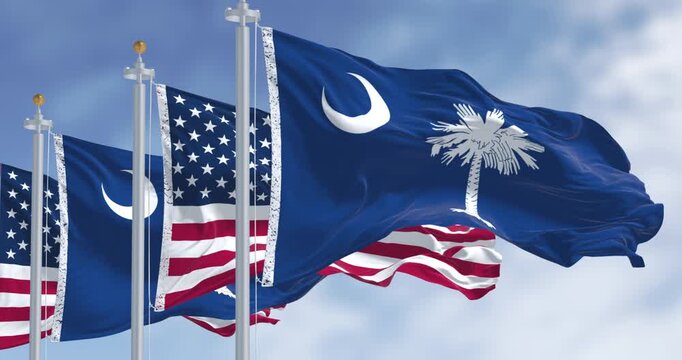 South Carolina state flags waving with the US flag. Blue field with white palmetto tree and crescent. US state. Rippled fabric. Seamless 3d render animation. Slow motion loop. Selective focus