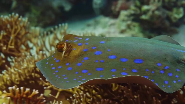 Close up footage of a vibrant Bluespotted Ribbontail Ray Taeniura lymma gracefully swimming over a coral reef.