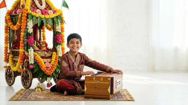 Young boy in traditional indian attire playing a harmonium beside a decorated floral chariot for festival celebration banner or cultural event background