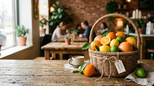 Cafe table with overflowing basket of citrus fruits and coffee cup for hospitality banner and warm lifestyle background design