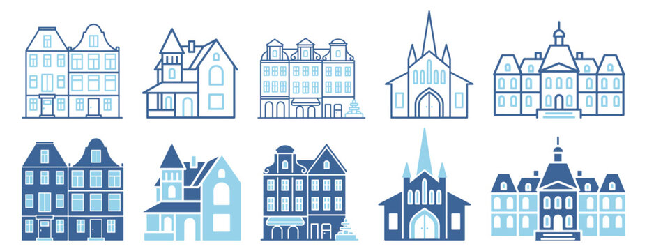 Building architecture set with house church and castle icon on transparent background