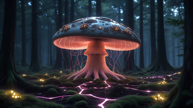 Glowing colorful mushroom in a dark magical forest