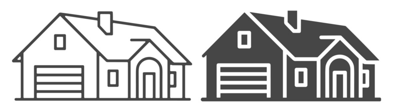 Realestate home icon line garage construction house chimney door flat