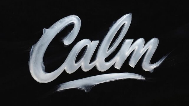 The word Calm is elegantly written in a stylized, flowing script with a soft, luminous effect, set against a dark, contrasting background.