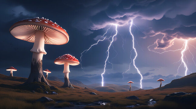 Red mushrooms growing under a dark stormy sky with lightning