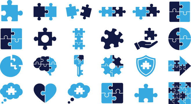 Collection of various puzzle pieces and brain related icons for problem solving and business concepts isolated on a white background.