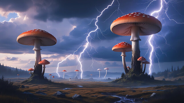Red mushrooms in a field during a stormy lightning night