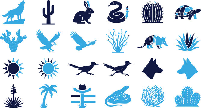 Desert wildlife icons, animals and plants of arid regions, cactus, wolf, eagle, snake, lizard symbols, nature.