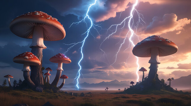 Mushrooms in a meadow during a dramatic lightning storm