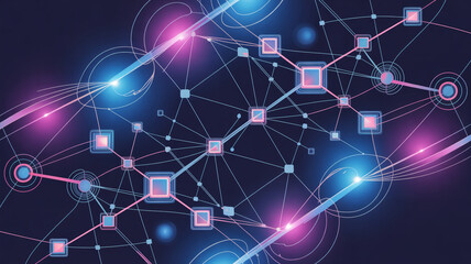 Fototapeta premium A complex, interconnected network of glowing blue squares and circles on a , with vibrant pink and blue light streaks, signifies digital communication.