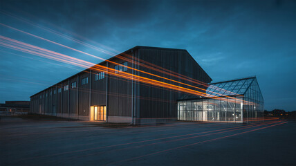 Obraz premium A long, modern industrial building with a glass-fronted section is illuminated at dusk, with streaks of light indicating movement and fast transportation.