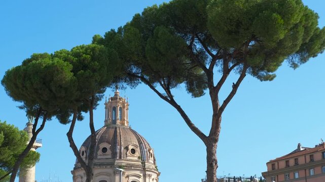 Trajan's forum and column with santissimo nome di maria church in rome. Panning shot revealing the church of santissimo nome di maria al foro traiano and trajan's column behind italian stone pines
