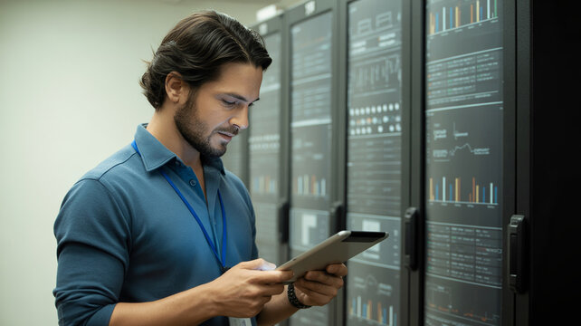 A focused IT professional with dark hair and a beard uses a tablet while standing in front of rows of server racks in a data center.