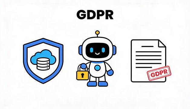 Engaging graphic representation of GDPR compliance featuring a cheerful robot character holding a padlock alongside a cloud storage symbol and an official document, illustrating data privacy