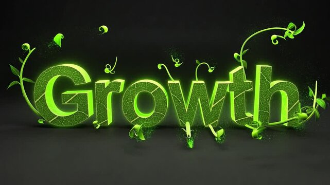 Growth text, representing the vibrant expansion and progress of nature or concepts, illustrated with luminous green lettering adorned with flourishing plant elements, set against a dark background.