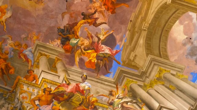 Baroque art fresco ceiling in the church of st. Ignatius of loyola. Glorious triumph of saint ignatius of loyola ceiling fresco by andrea pozzo, an impressive masterpiece of baroque art