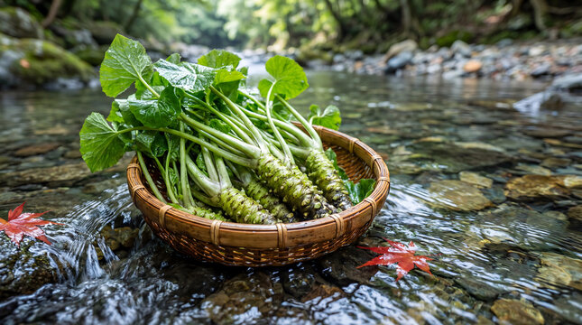 Fresh wasabi roots in bamboo basket beside a clear mountain stream