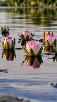This captures the serene beauty of a peaceful pond with pink lotus flowers gently floating on its calm surface, surrounded by lush greenery in a natural setting, creating a soothing and relaxing