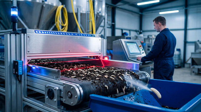 Automated insect larva sorting machine with laser scanner in industrial facility